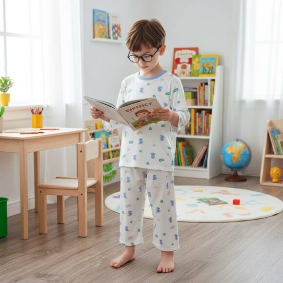 Boy wearing Boys Dinosaur Pajama Set Singapore – Blue Dino Print