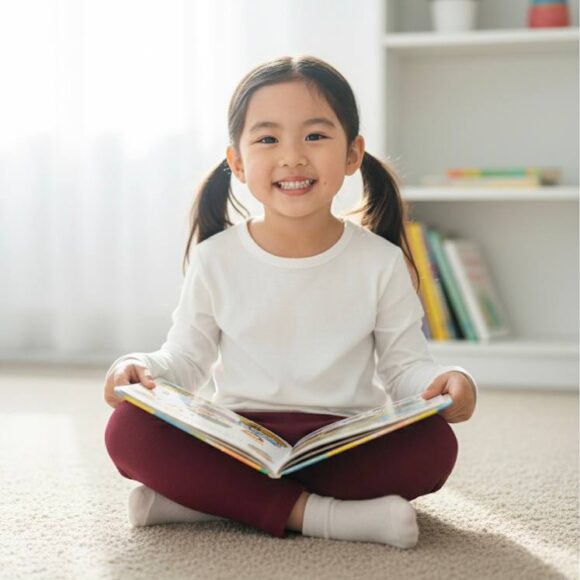Happy girl reading in white tee and Kids Leggings Singapore Maroon Bloom 酒红棉柔长Legging