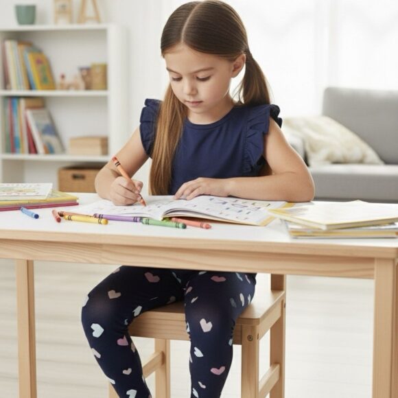 Girl wearing navy heart leggings – Kids Leggings Singapore