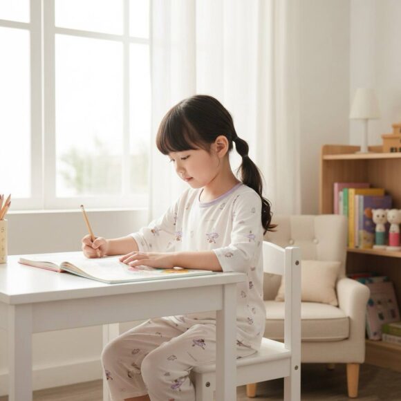 Girl wearing Lavender Fairy Dreams pajamas set at study desk