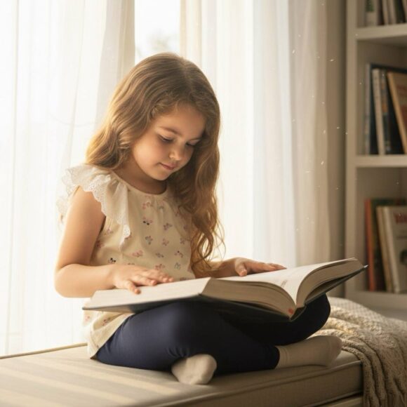 Girl wearing Deep Navy Kids Leggings while reading by the window