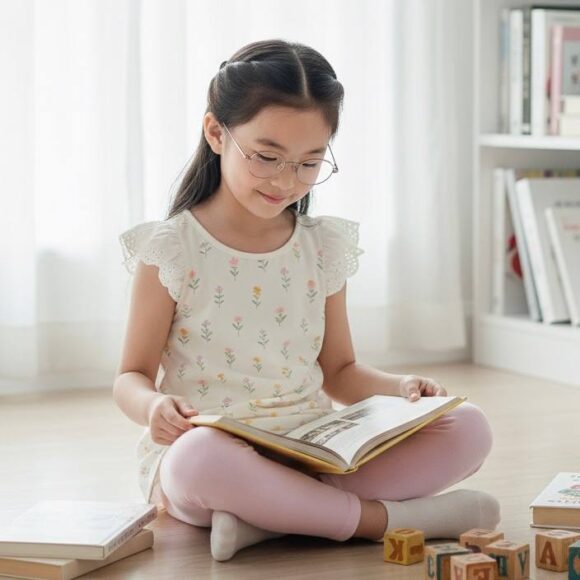 Girl reading book in Sweet Blossom Kids Leggings