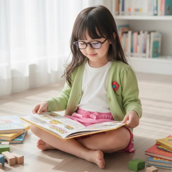Girl reading book wearing Pink Bloom cotton shorts