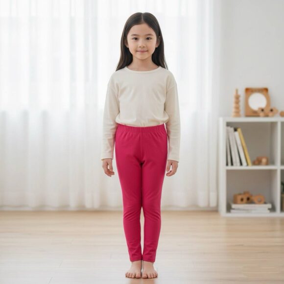 Girl wearing Roseberry Pink cotton leggings indoors