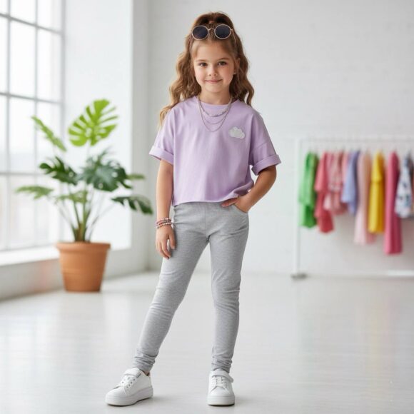 Girl wearing Misty Grey leggings with lavender top indoors