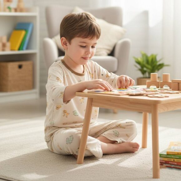 Boy wearing Dino Adventure Pajamas while playing at home