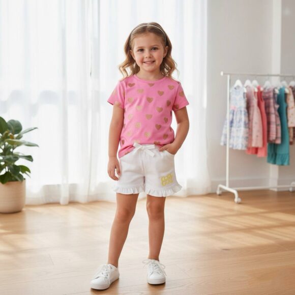 Girl wearing white cotton shorts and pink heart T-shirt