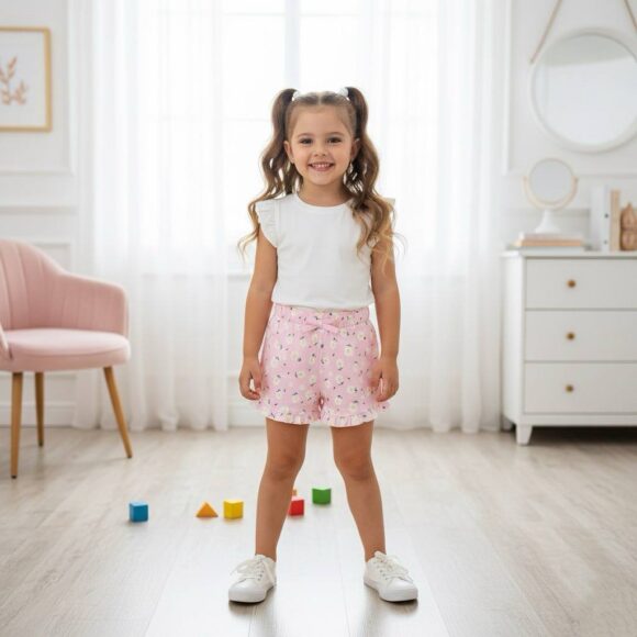 Girl wearing pink daisy cotton shorts and white top