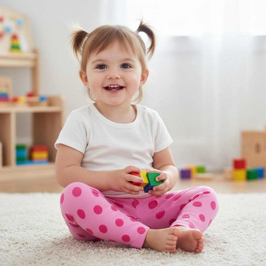 Baby girl wearing pink polka dot cotton leggings and white top