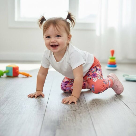 Baby girl wearing coral floral leggings on wooden floor