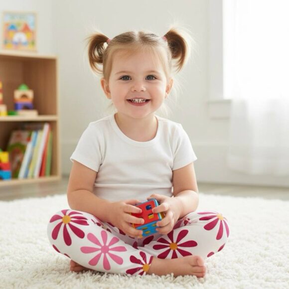 Baby girl wearing white floral daisy leggings
