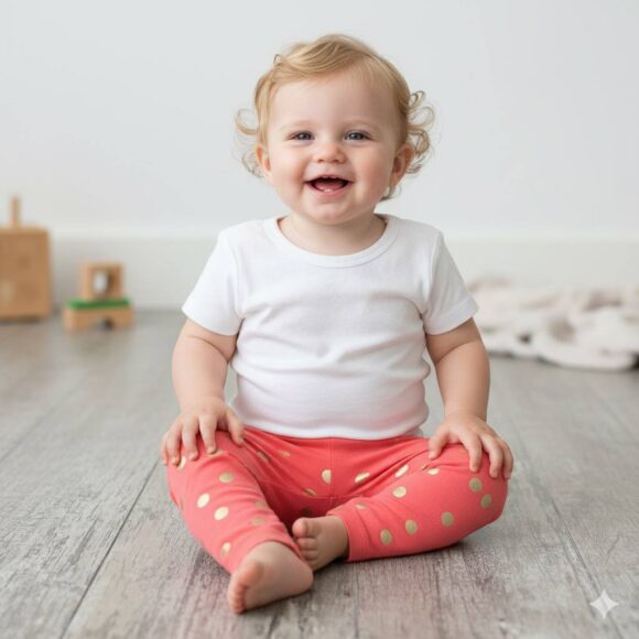 Baby girl wearing coral gold polka dot leggings