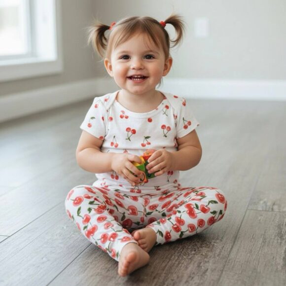 Baby girl wearing cherry print leggings