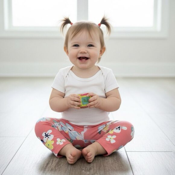 Baby girl wearing coral floral leggings