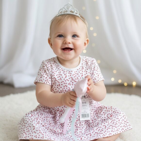 Baby girl wearing Little Hearts cotton dress smiling in bright room
