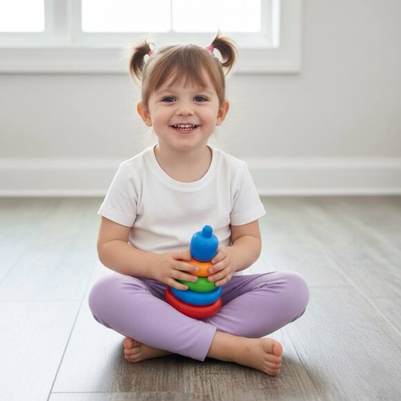 Baby girl wearing Lavender Bloom cotton leggings in Singapore