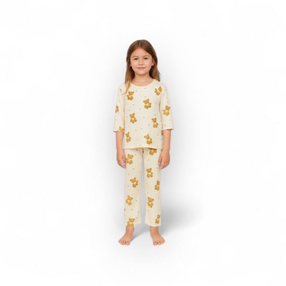 Kids pajama set with bear print, 3/4 sleeve top and full-length pants, breathable fabric