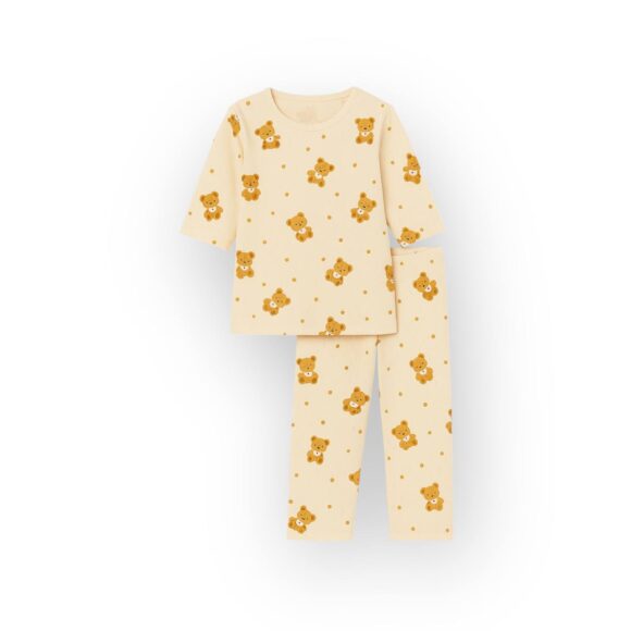 Kids bear print pajama set – 3/4 sleeve top and long pants, breathable cotton