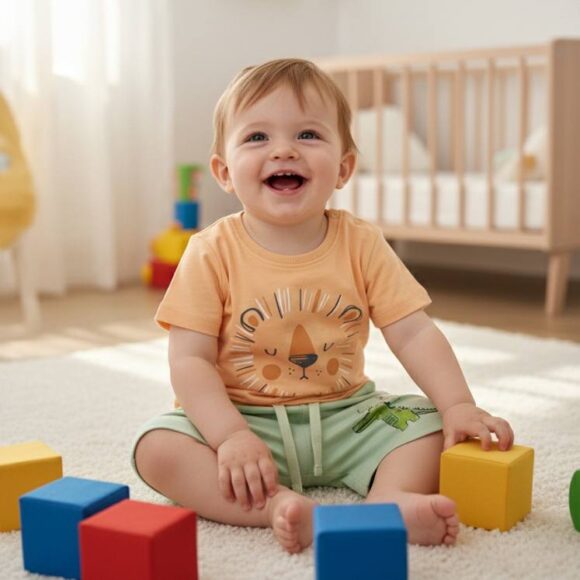 Smiling baby wearing Baby Cotton Shorts Singapore | Happy Croc 绿色鳄鱼短裤 and orange lion T-shirt indoors