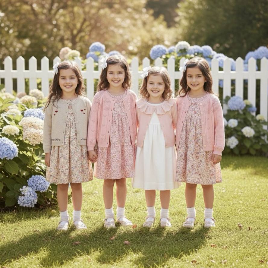 Four girls wearing pink and cream knitted cardigans in a garden | Girls Cardigans Singapore | Starlight Boys & Girls