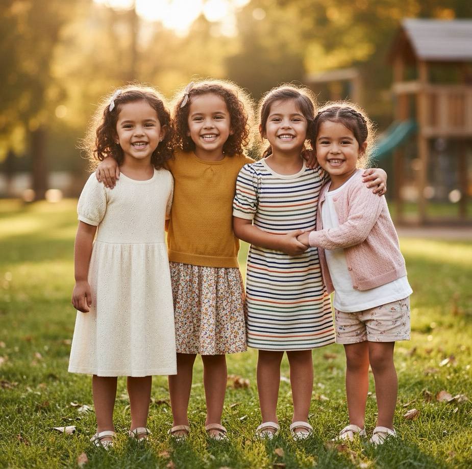 Four happy girls wearing Starlight Boys & Girls outfits outdoors | Girls Clothes Singapore | Starlight Boys & Girls