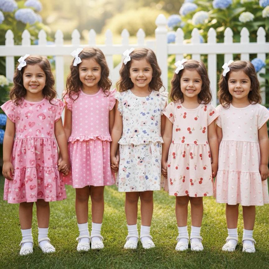 Five girls wearing floral cotton dresses smiling outdoors | Girls Dress Singapore | Starlight Boys & Girls