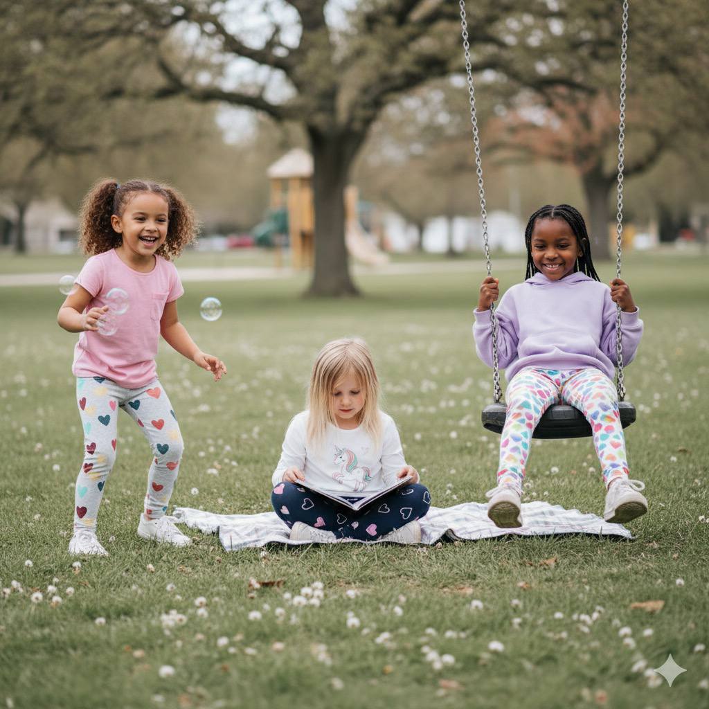Three girls wearing colorful cotton leggings playing outdoors | Girls Leggings Singapore | Starlight Boys & Girls