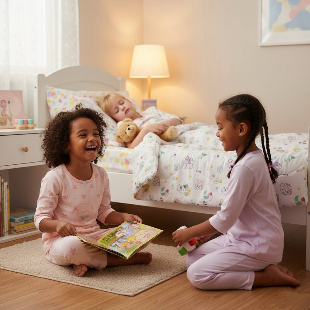 Three girls wearing soft cotton pajamas playing in a cozy bedroom | Girls Pajamas Singapore | Starlight Boys & Girls
