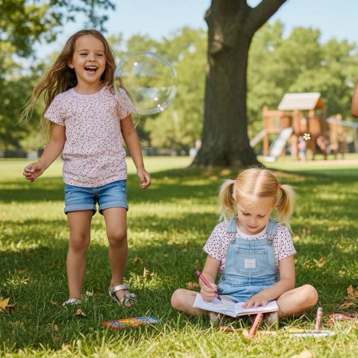Two girls wearing cotton T-shirts playing and drawing outdoors | Girls T-shirt Singapore | Starlight Boys & Girls
